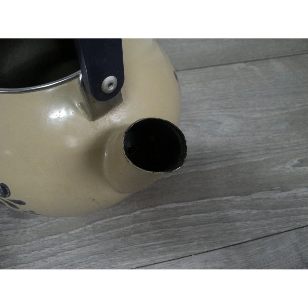 Enamel Tea Kettle Tan Beige Black Floral Stovetop Teapot style
